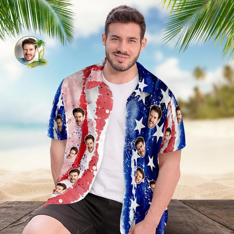 Custom Face Men's Patriotic Hawaiian Shirt Casual Breathable Short Sleeve Independence Day Hawaiian Shirt