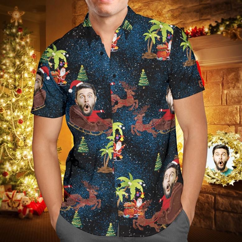 Custom Face Personalized Christmas Hawaiian Shirt Reindeer Pulling A Sleigh Christmas Gift