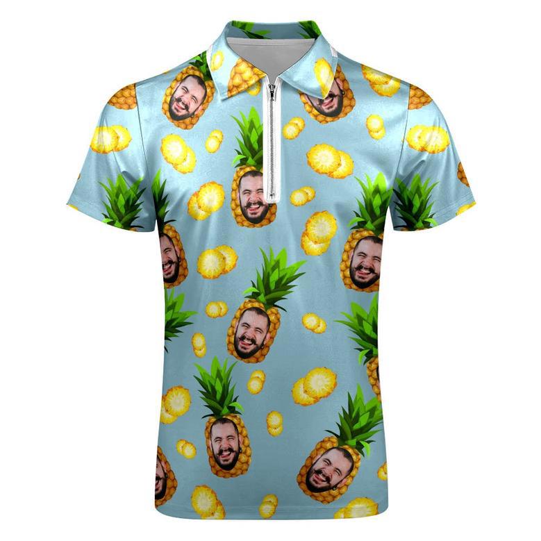 Custom Face Polo Shirt With Zipper Personalized Funny Pineapple Pattern Men's Polo Shirt