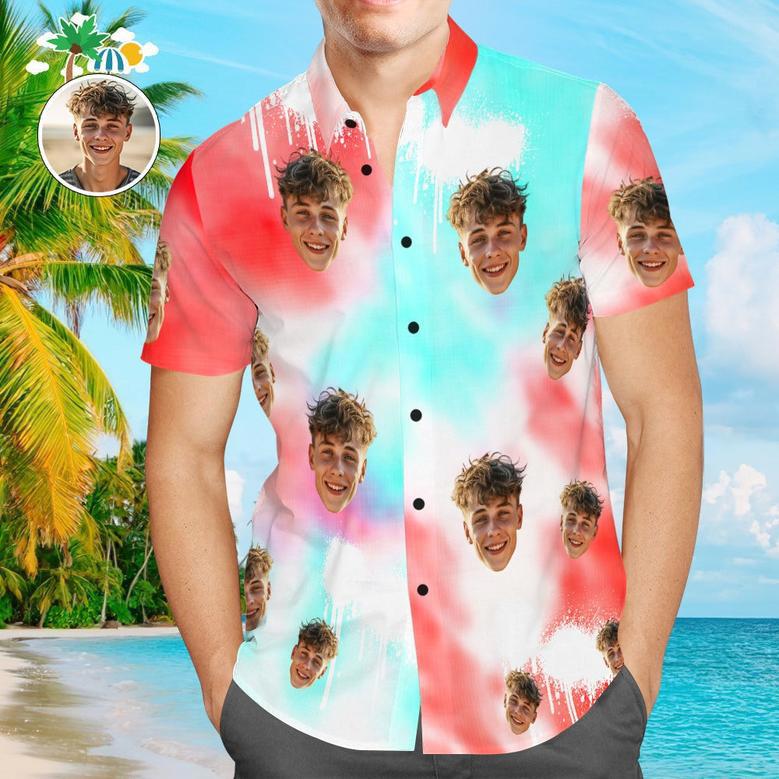 Custom Face Shirt Men's Hawaiian Shirt Personalized Photo With Name Blue And Red Hawaiian Shirts