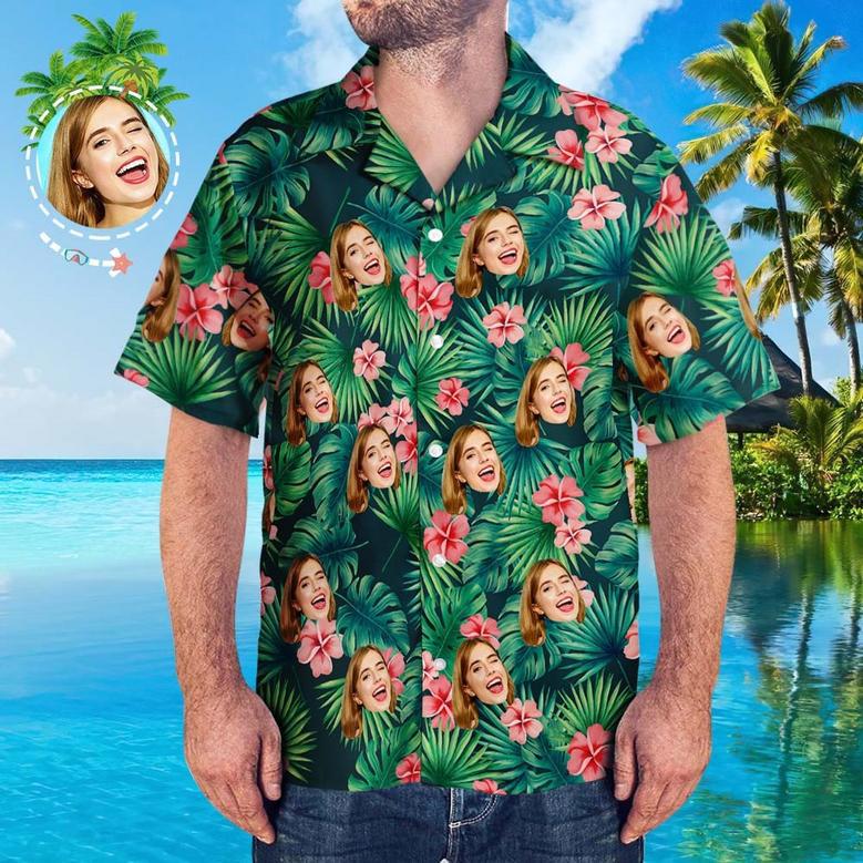 Custom Face Shirt Men's Hawaiian Shirt Red Flowers Father's Day Gift