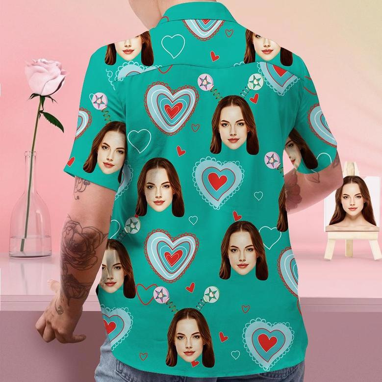 Custom Face Shirt Personalized Photo Green Hawaiian Shirt Valentine's Day Gift - Love Heart