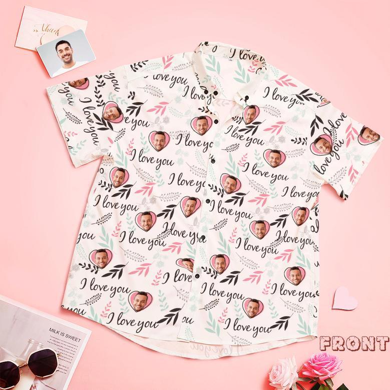 Custom Face Shirt Personalized Photo Hawaiian Shirt Valentine's Day Gift - I Love You