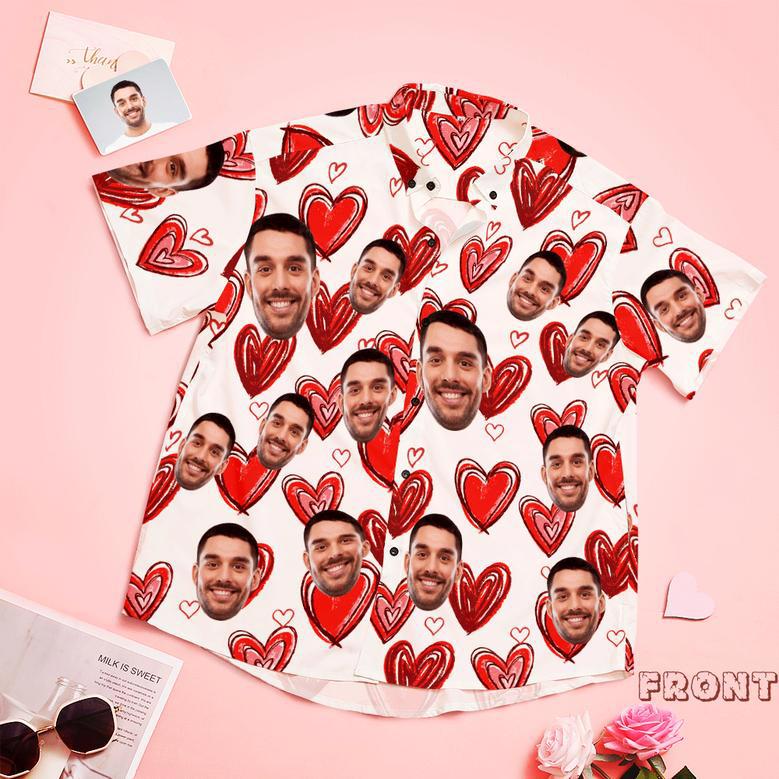 Custom Face Shirt Personalized Photo Hawaiian Shirt Valentine's Day Gift - Red Love Heart