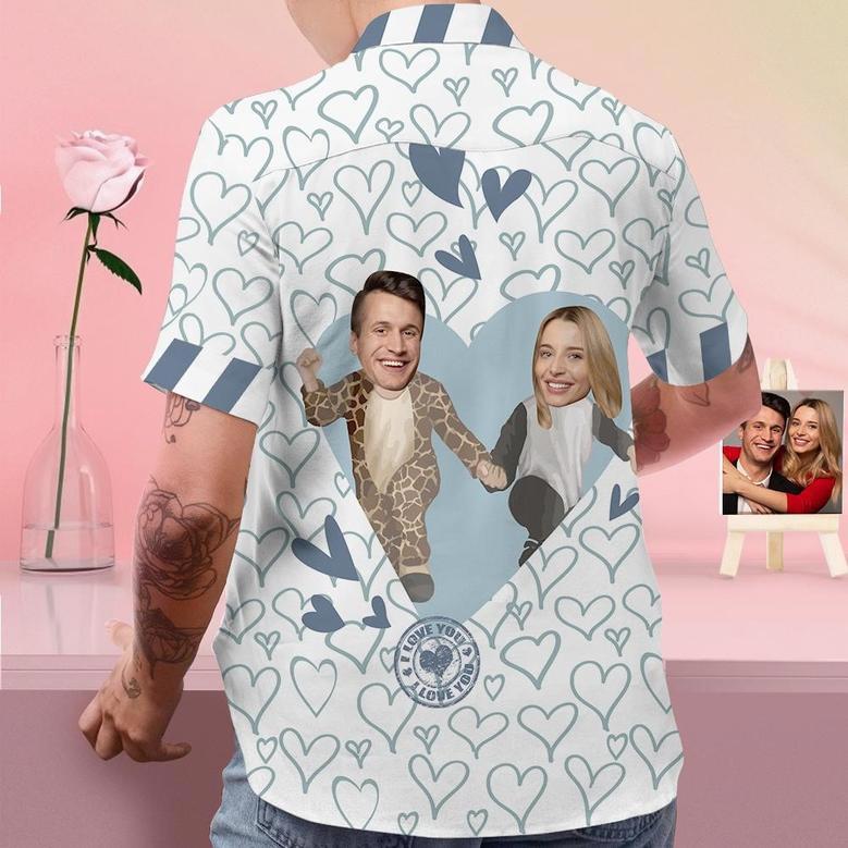 Custom Face Shirt Personalized Photo Men's Blue Hawaiian Shirt Valentine's Day Gift - Panda And Giraffe