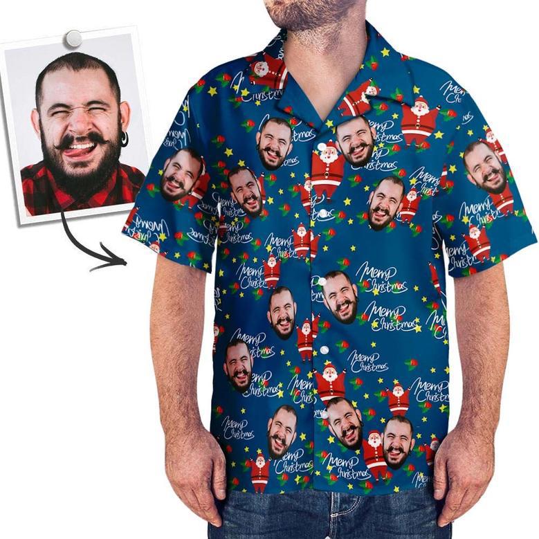 Custom Face Shirt Personalized Photo Men's Hawaiian Shirt Christmas Gift - Happy Santa