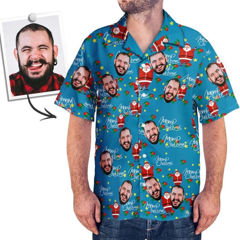 Custom Face Shirt Personalized Photo Men's Hawaiian Shirt Christmas Gift - Happy Santa