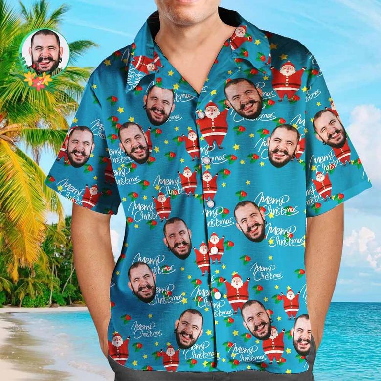 Custom Face Shirt Personalized Photo Men's Hawaiian Shirt Christmas Gift - Happy Santa