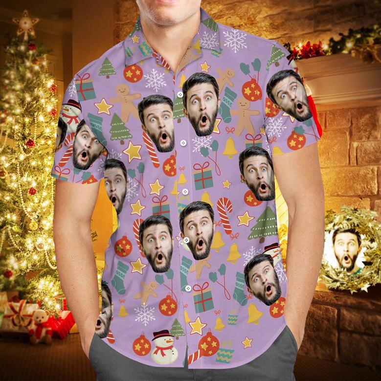 Custom Face Shirt Personalized Photo Men's Hawaiian Shirt Christmas Surprise Gift - Merry Christmas