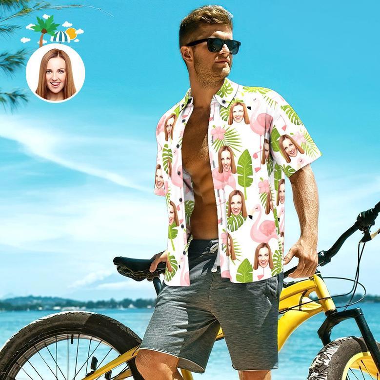 Custom Face Shirt Personalized Photo Men's Hawaiian Shirt Men's Hawaiian Shirt Cartoon Flamingo