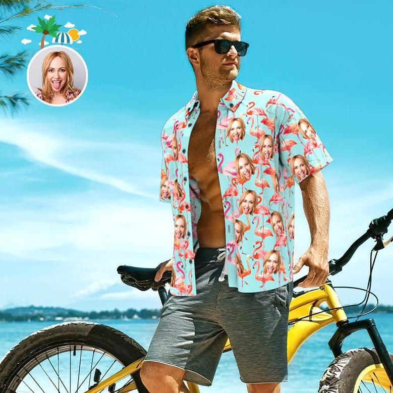 Custom Face Shirt Personalized Photo Men's Hawaiian Shirt Men's Hawaiian Shirt Flamingo