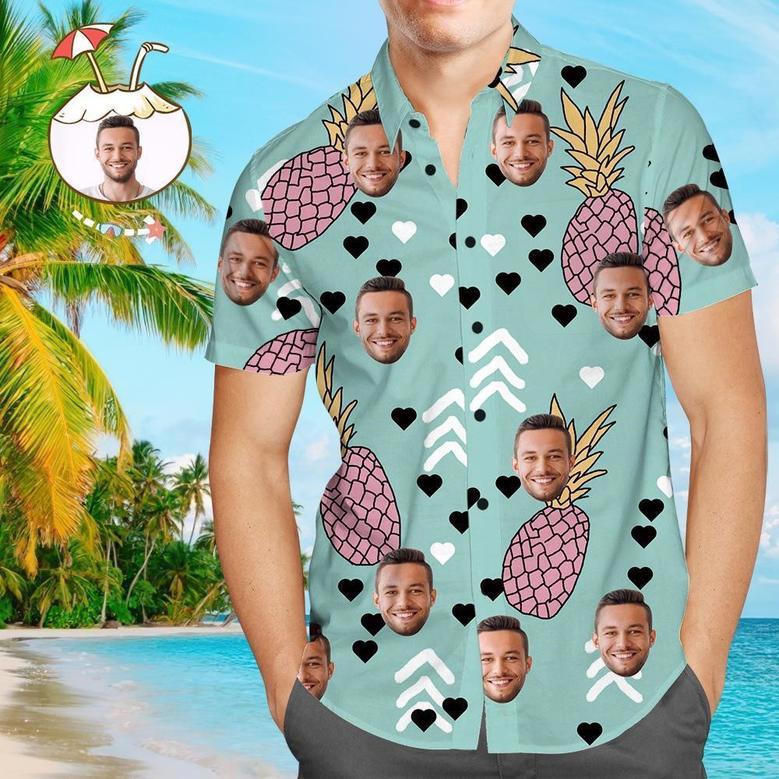 Custom Face Shirt Personalized Photo Men's Hawaiian Shirt Men's Hawaiian Shirt Pineapple And Heart