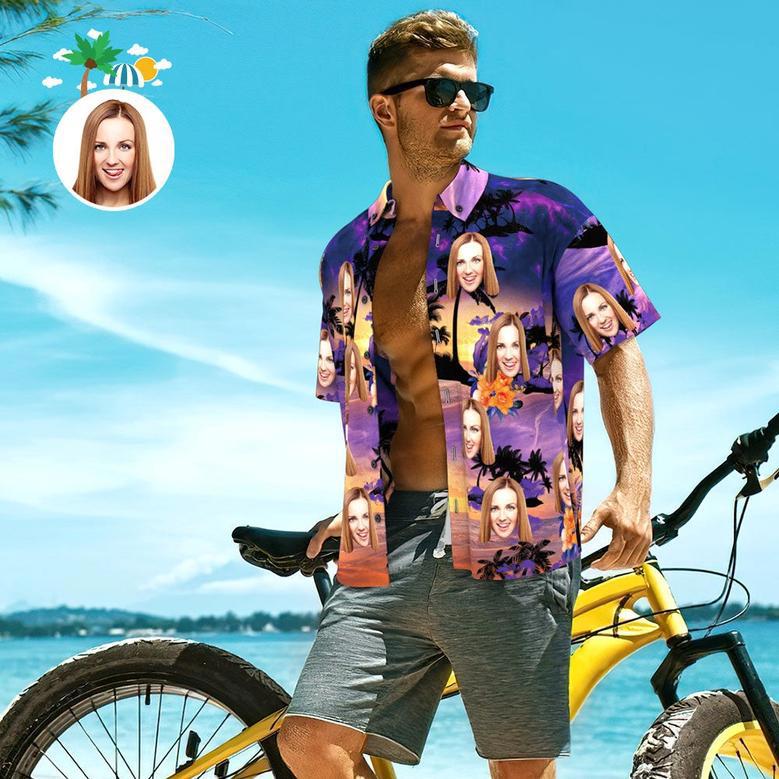 Custom Face Shirt Personalized Photo Men's Hawaiian Shirt Men's Hawaiian Shirt Purple Sunset