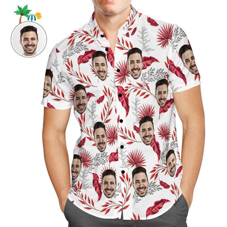 Custom Face Shirt Personalized Photo Men's Hawaiian Shirt Red Leaves Design Aloha Beach Shirt