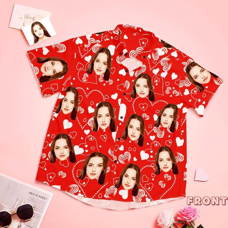 Custom Face Shirt Personalized Photo Red Hawaiian Shirt Valentine's Day Gift - Love