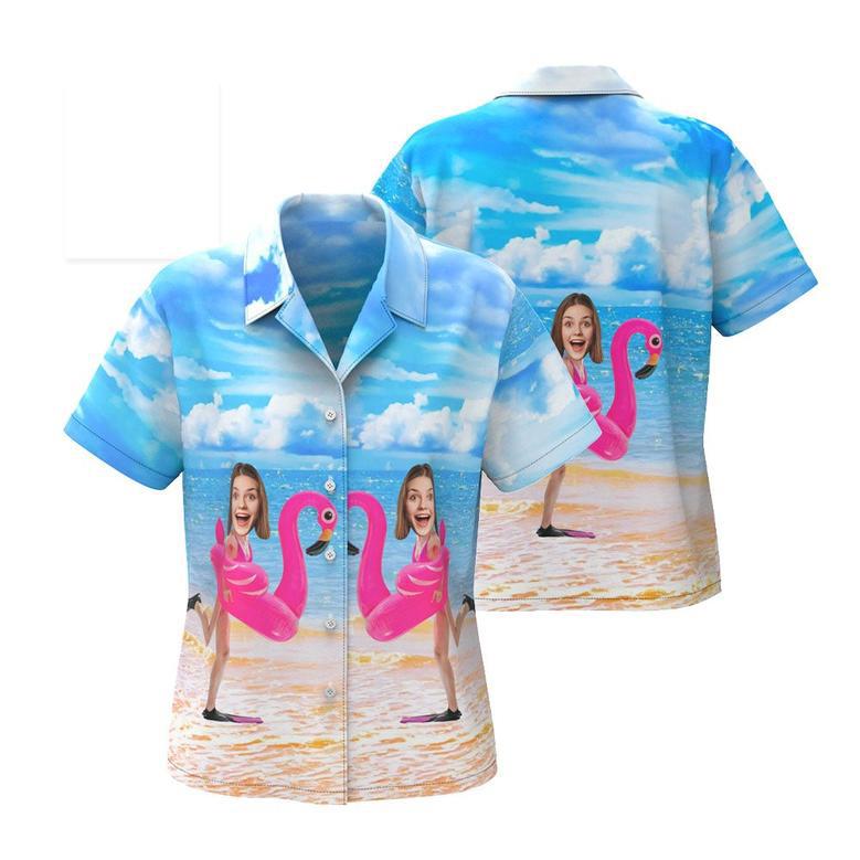 Custom Funny Face Flamingo Hawaiian Shirt Flamingo Swim Ring Hawaiian Shirt Couple Outfitalm Leaves