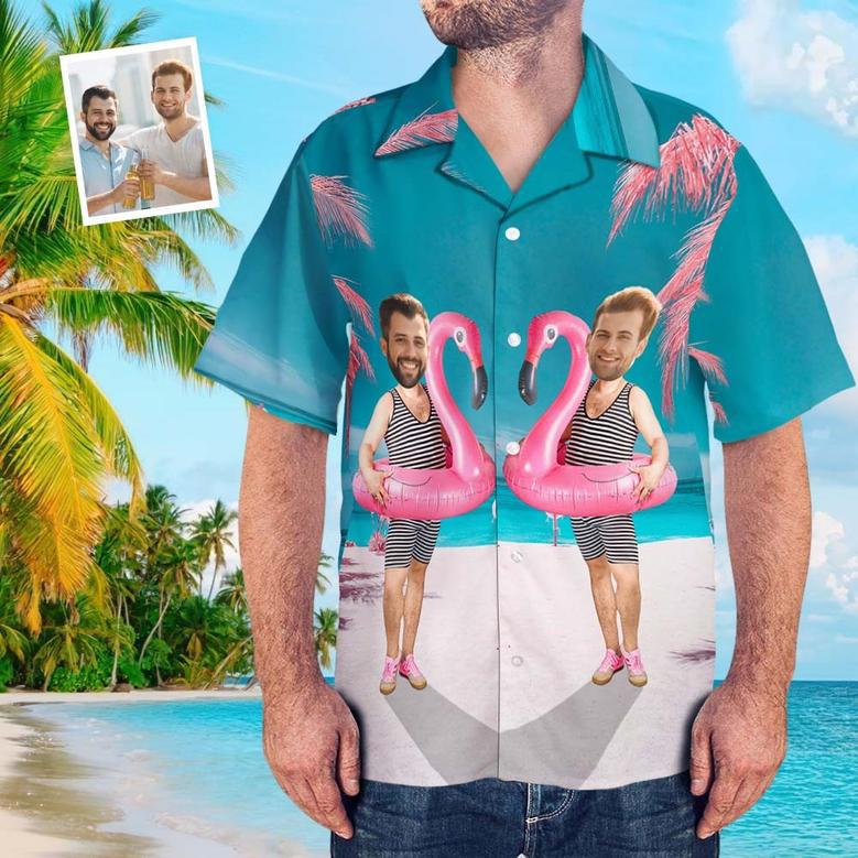 Custom Funny Face Flamingo Hawaiian Shirt Flamingo Swim Ring Hawaiian Shirt For Men Lgbt Gift