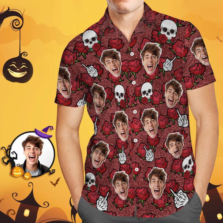 Custom Funny Face Hawaiian Shirt Halloween Photo Shirt Rose Halloween Drama Gift