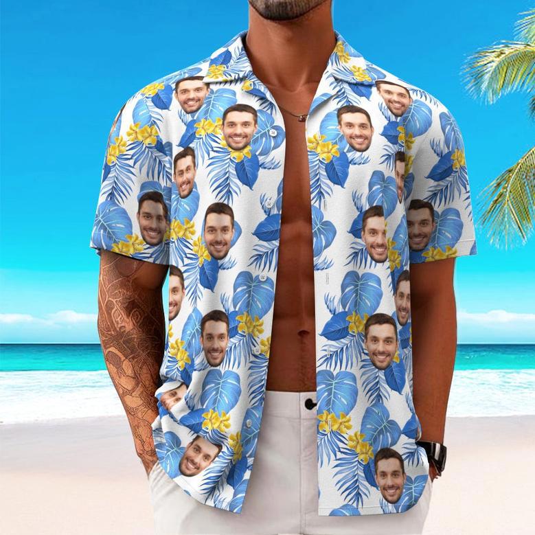 Custom Hawaiian Shirt For Men Personalized Short Sleeves Shirt With Picture Face Photo Printed Hawaii Shirt Blue Flower