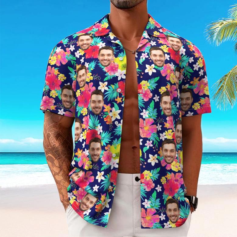 Custom Hawaiian Shirt For Men Personalized Short Sleeves Shirt With Picture Face Photo Printed Hawaii Shirt Colorful Flower