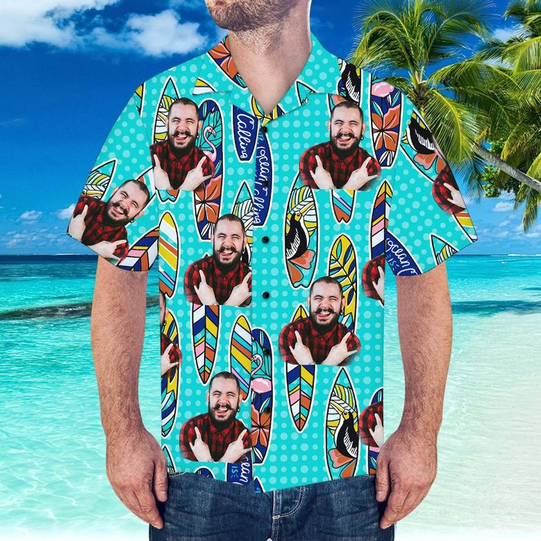 Custom Hawaiian Shirt With Boyfriend Face Surfing Pattern Short-Sleeve Hawaiian Shirt