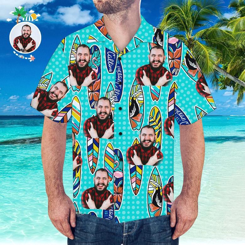 Custom Hawaiian Shirt With Boyfriend Face Surfing Pattern Short-Sleeve Hawaiian Shirt