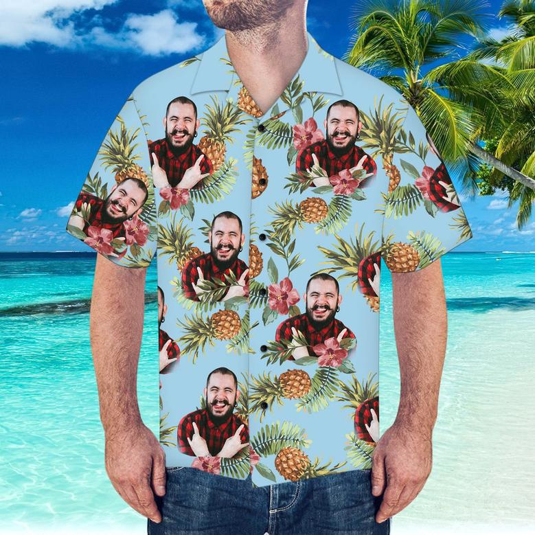 Custom Hawaiian Shirt With Husband Face Pineapple Pattern Hawaiian Shirt For Beach