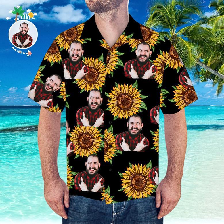 Custom Hawaiian Shirt With Husband Face Sunflower & Leaves Shirt For Beach Party