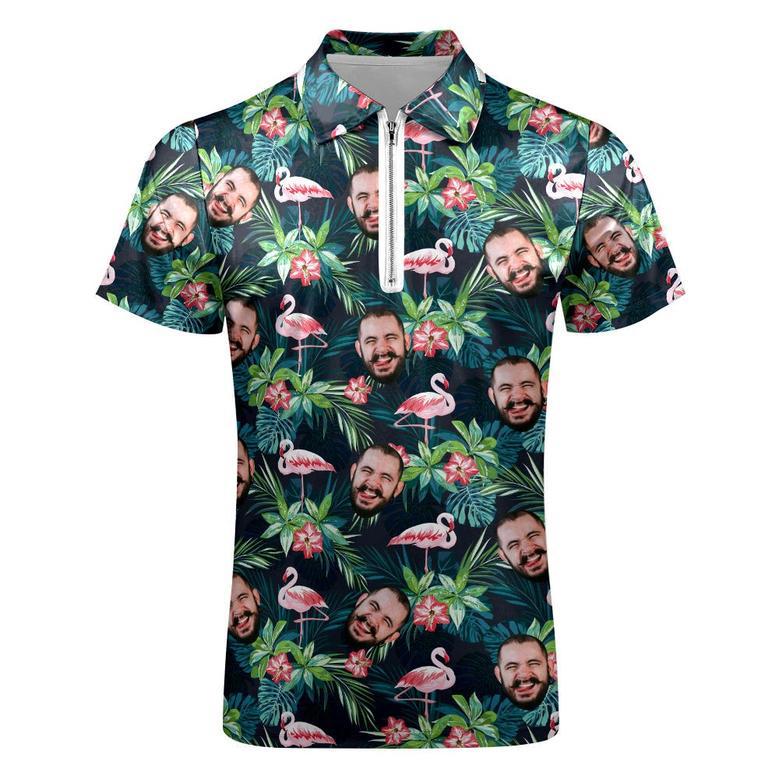 Custom Men's Polo Shirt With Zipper Personalized Face Hawaiian Style Polo Shirt