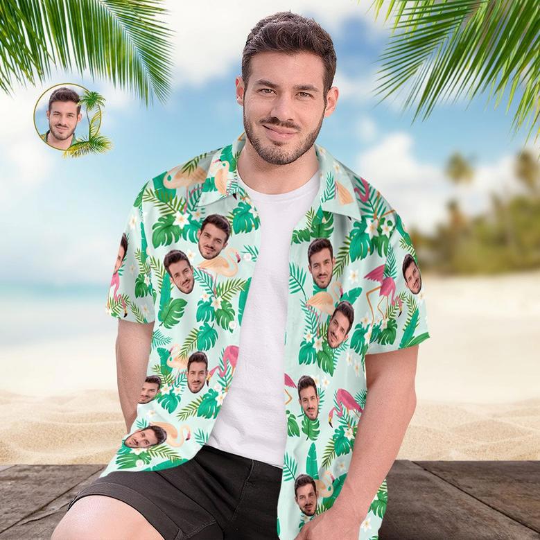 Custom Men's Shirt Face All Over Print Hawaiian Shirt Green Leaves And Flamingo