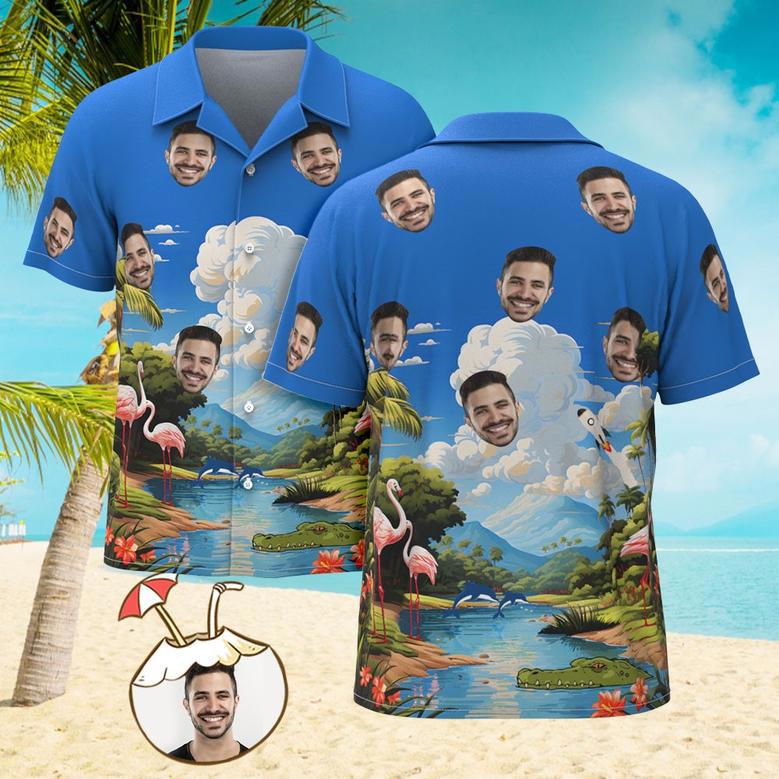 Custom Men's Shirt Face All Over Print Hawaiian Shirt - Sky