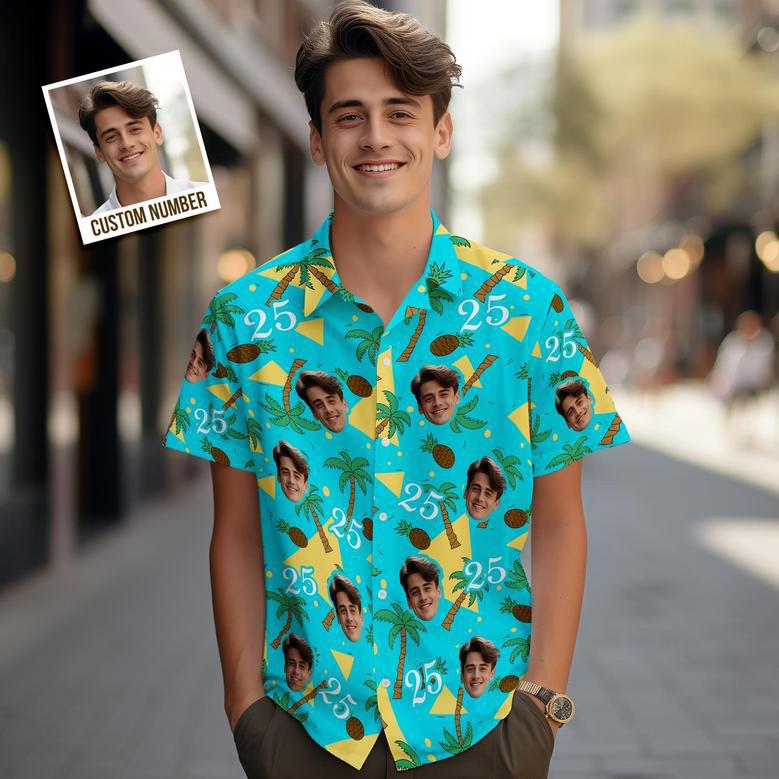 Custom Multi-Color Face And Numbers Hawaiian Shirt Coconut Tree And Pineapple Gift For Men