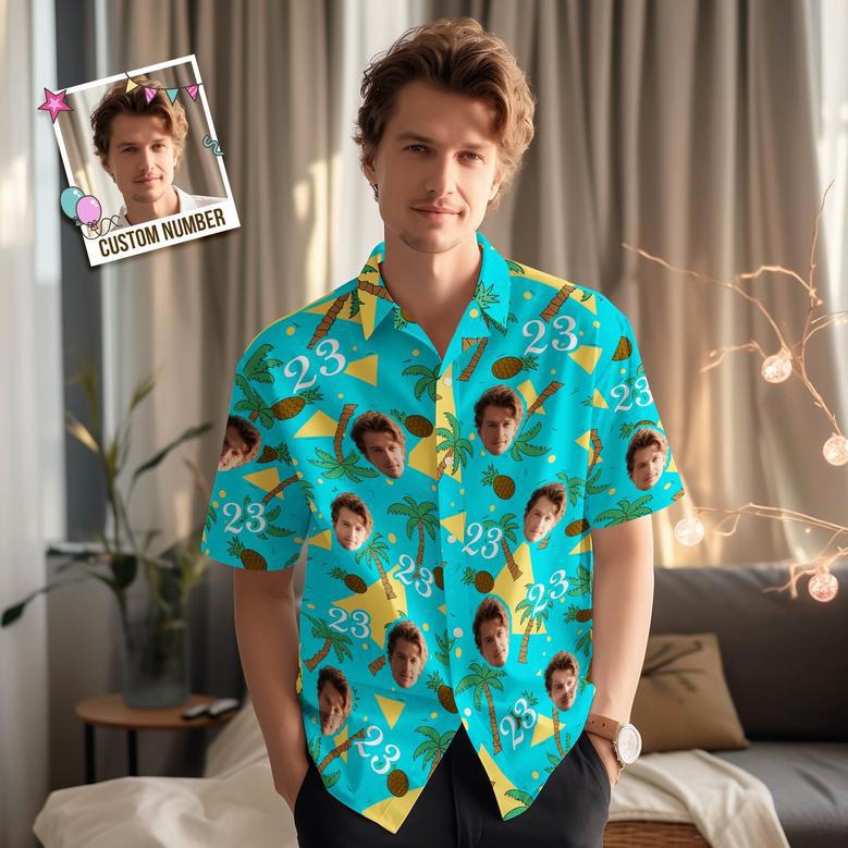 Custom Multi-Color Face And Numbers Hawaiian Shirt Coconut Tree And Pineapple Gift For Men