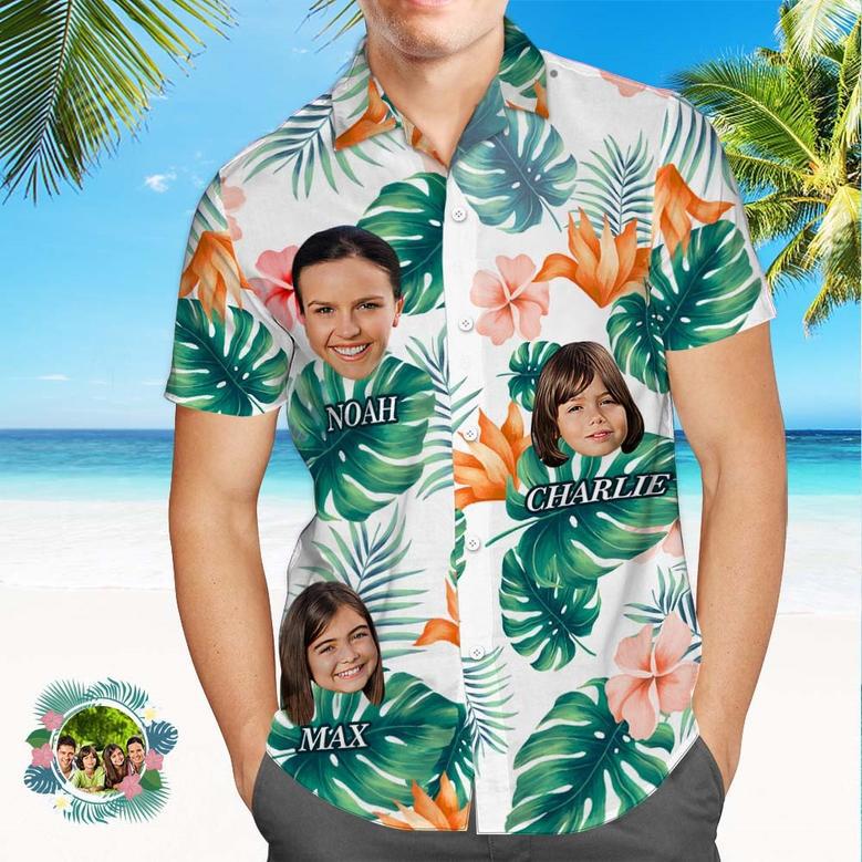 Custom Multi Photo Face And Text Hawaiian Shirt With Palm Leaves And Colorful Flowers