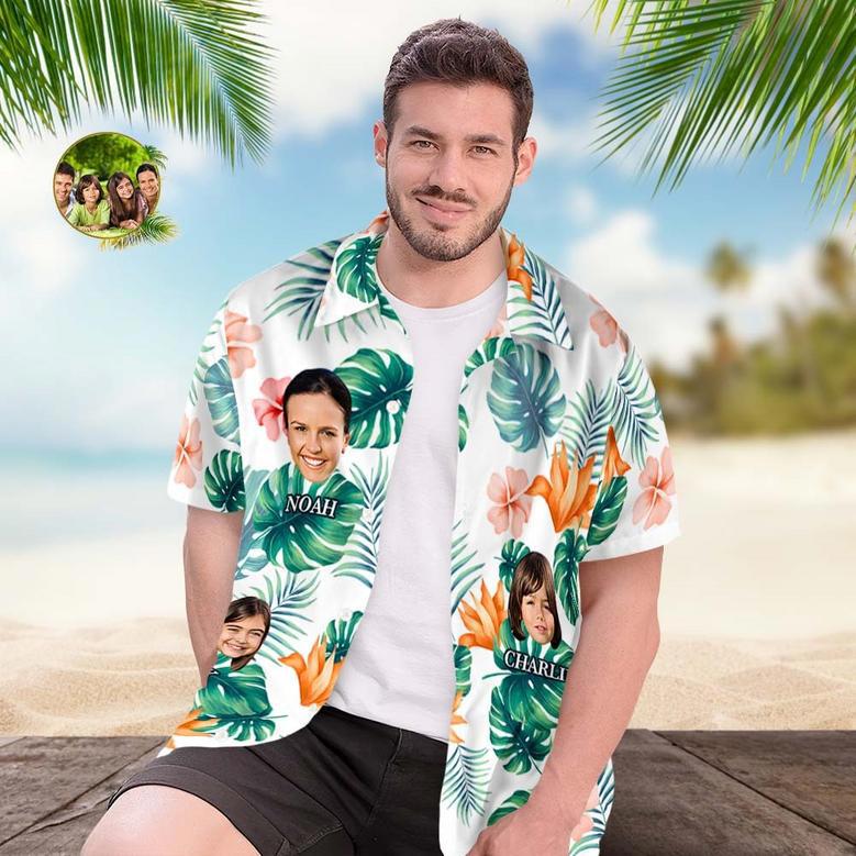 Custom Multi Photo Face And Text Hawaiian Shirt With Palm Leaves And Colorful Flowers