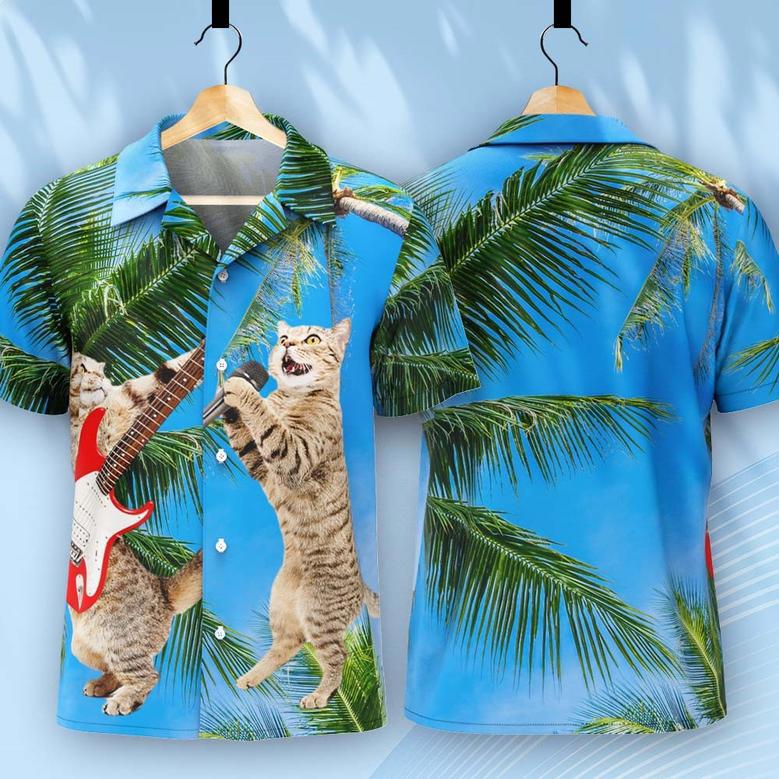 Custom Photo Hawaiian Shirt Tropical Coconut Tree Beach Hawaiian Shirt Men Cat Band Guitar