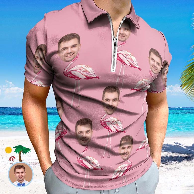 Custom Pink Flamingo Men's Polo Shirt Personalized Face Funny Polo Shirt With Zipper