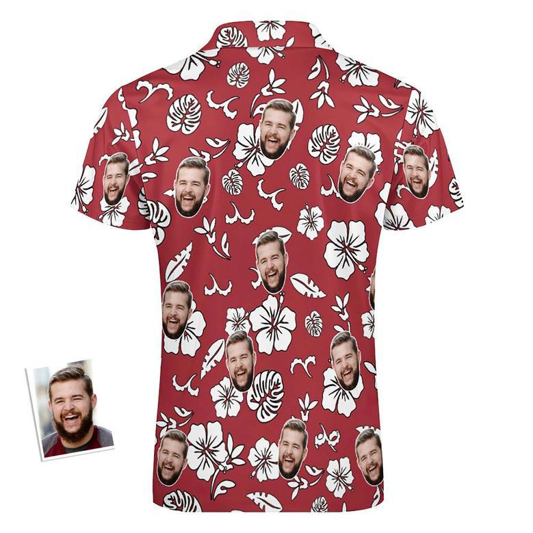 Custom Red Flowers Men's Polo Shirt Personalized Face Funny Polo Shirt With Zipper