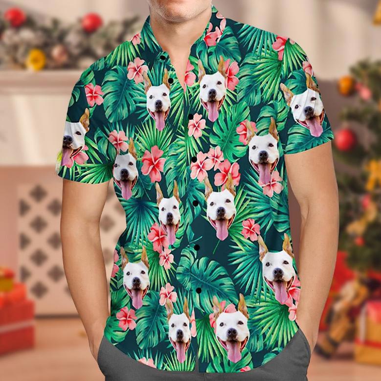 Custom Tropical Shirts Custom Dog Face Hawaiian Shirt Leaves & Flowers Shirt