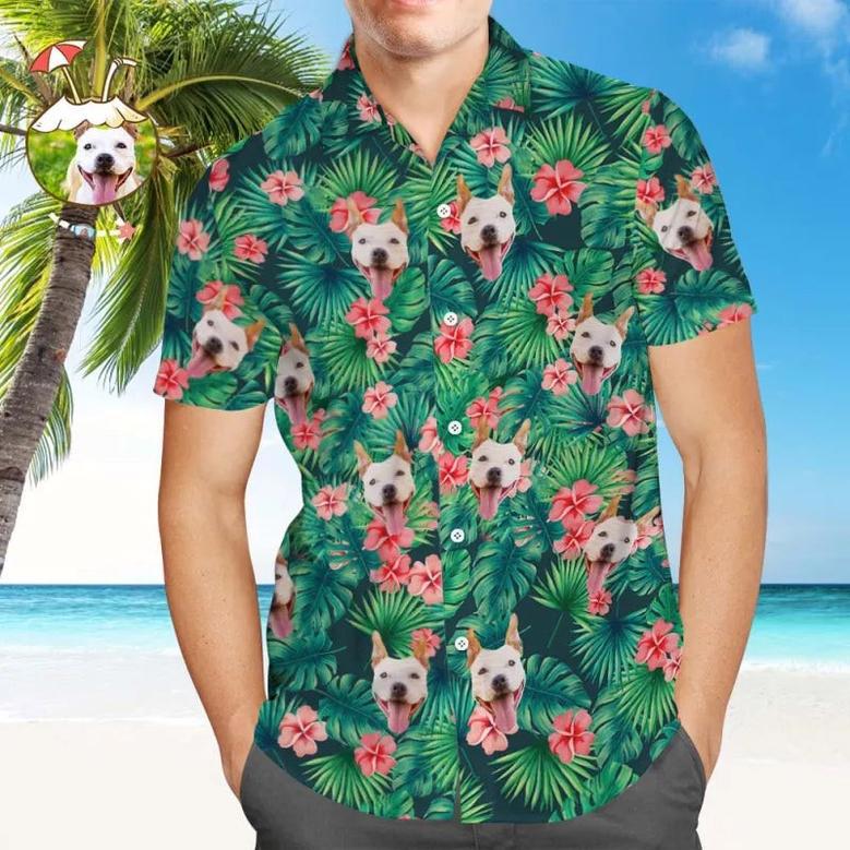 Custom Tropical Shirts Custom Dog Face Hawaiian Shirt Leaves & Flowers Shirt