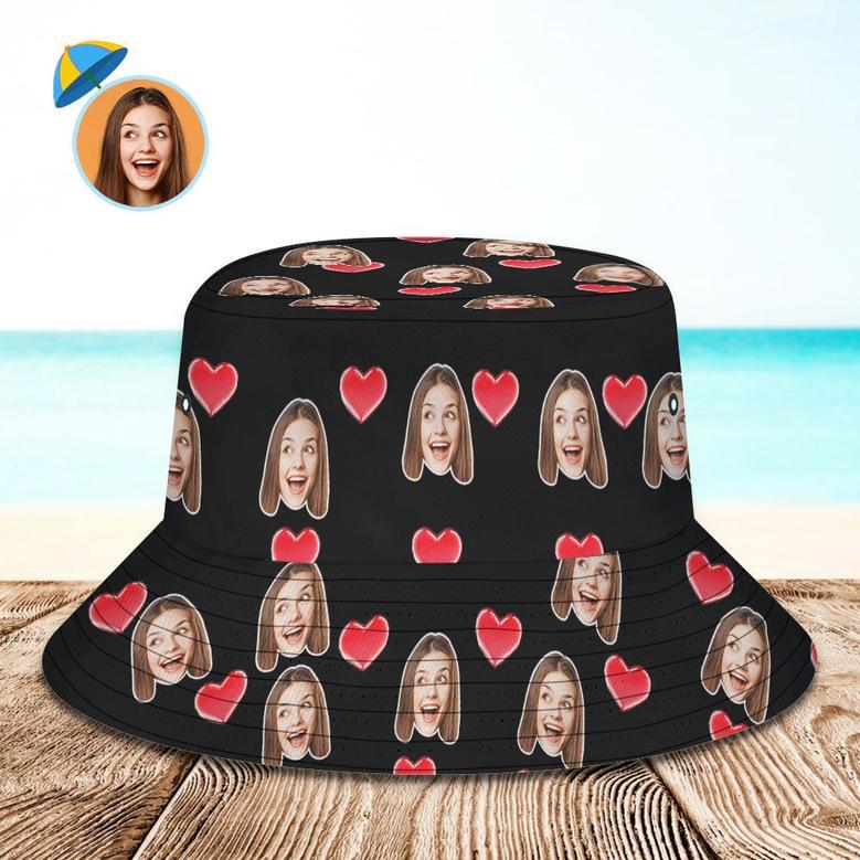 Custom Your Photo Face And Pet Summer Bucket Hat Fisherman Hat - Heart Black