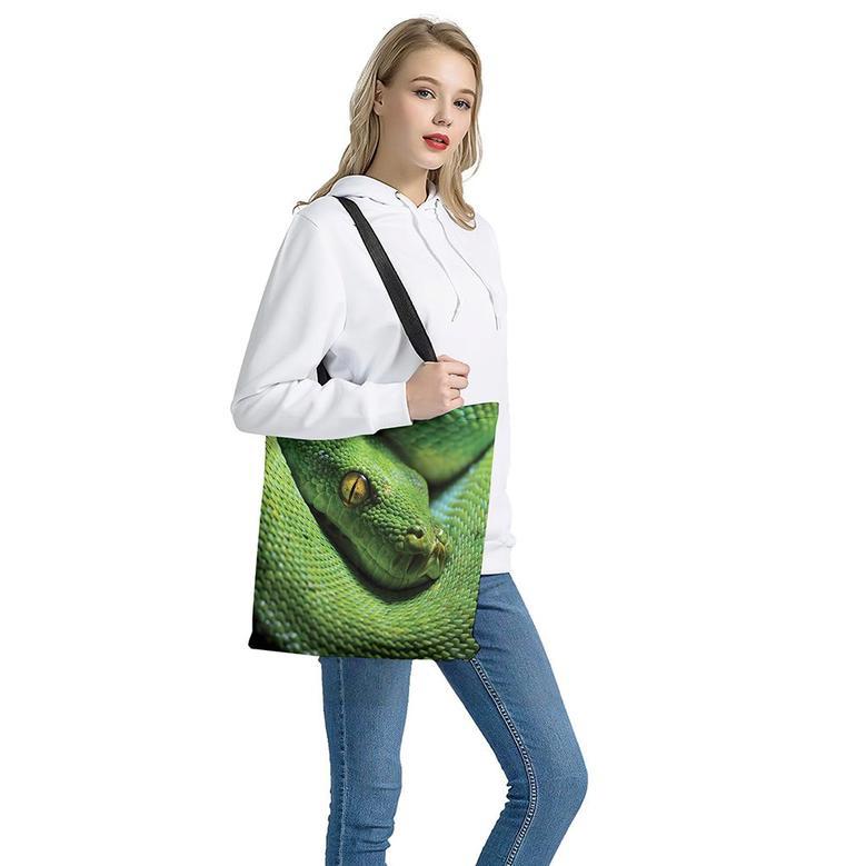 Green Tree Python Snake Print Tote Bag