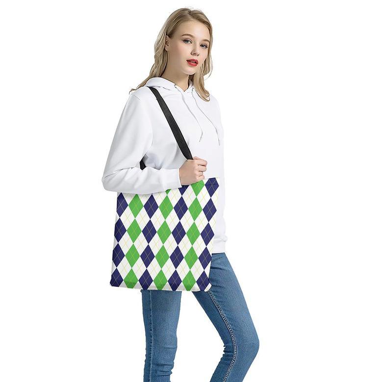 Green White And Navy Argyle Print Tote Bag