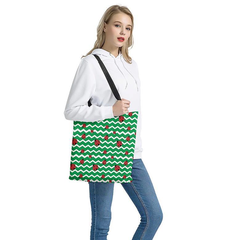 Green Zigzag Ladybird Pattern Print Tote Bag