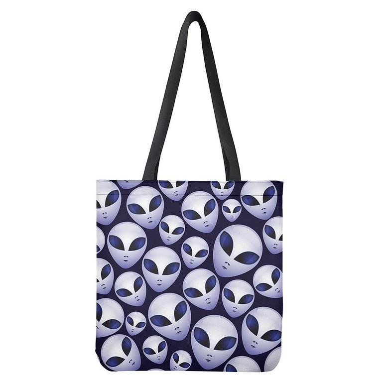 Grey Alien Face Pattern Print Tote Bag