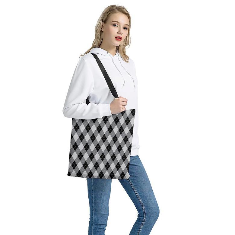 Grey And Black Argyle Pattern Print Tote Bag