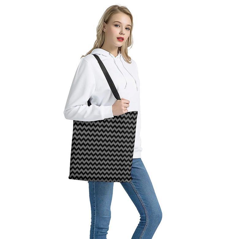 Grey And Black Chevron Pattern Print Tote Bag