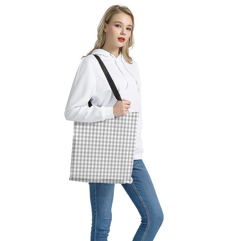 Grey And White Check Pattern Print Tote Bag