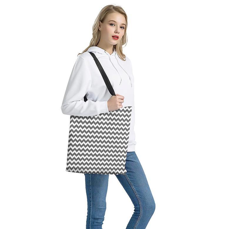 Grey And White Chevron Pattern Print Tote Bag