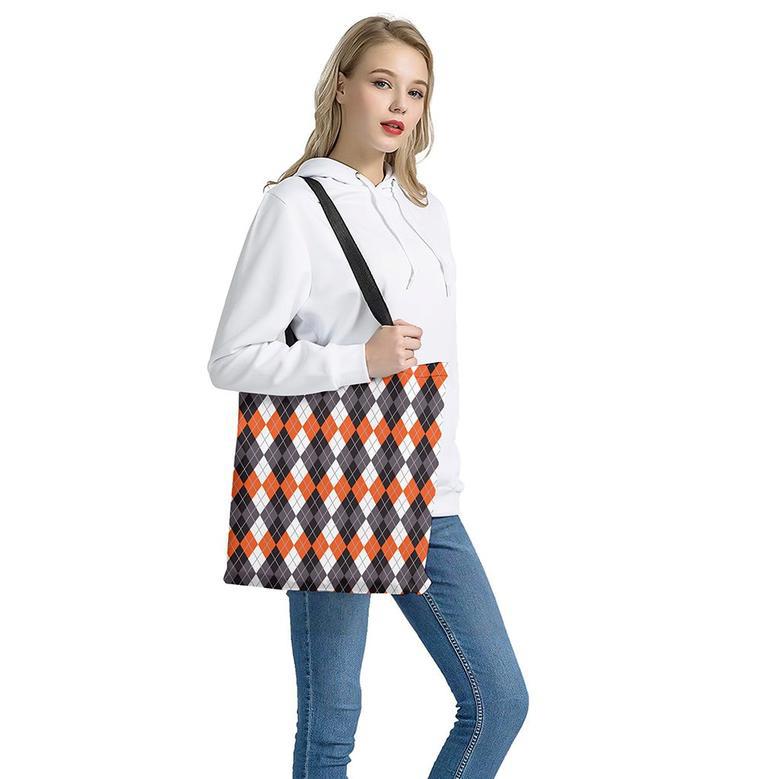 Grey Black Orange And White Argyle Print Tote Bag